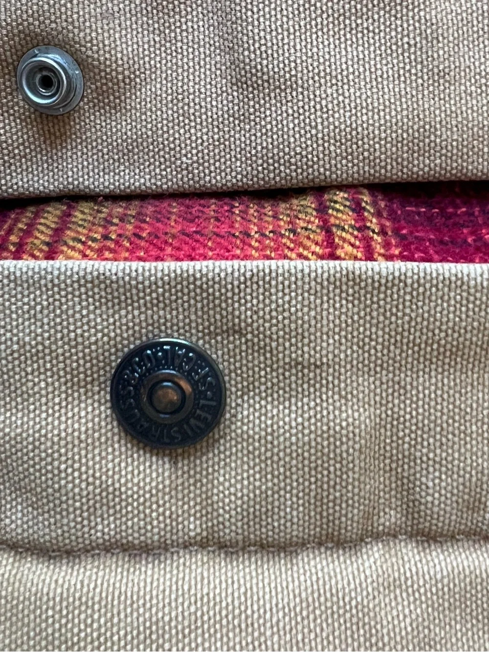 Levi's Tan Canvas Jacket with Black Corduroy Collar and Red Plaid Lining